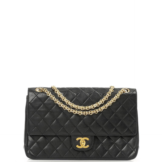 Chanel Vintage Medium Classic Double Flap Tasche Schwarzes gestepptes Lammleder mit 24K vergoldeten Beschlägen und Mademoiselle Kette