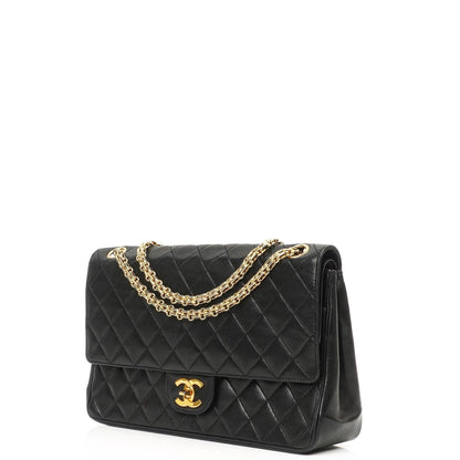 Chanel Vintage Medium Classic Double Flap Tasche Schwarzes gestepptes Lammleder mit 24K vergoldeten Beschlägen und Mademoiselle Kette