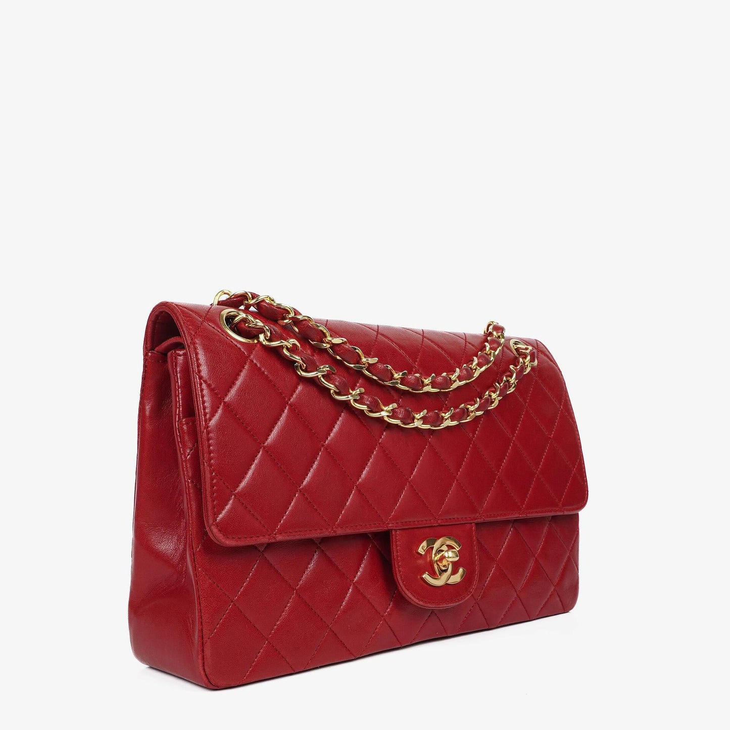 Chanel Vintage Medium Classic Double Flap Tasche aus rotem gestepptem Lammleder mit 24K vergoldeten Beschlägen