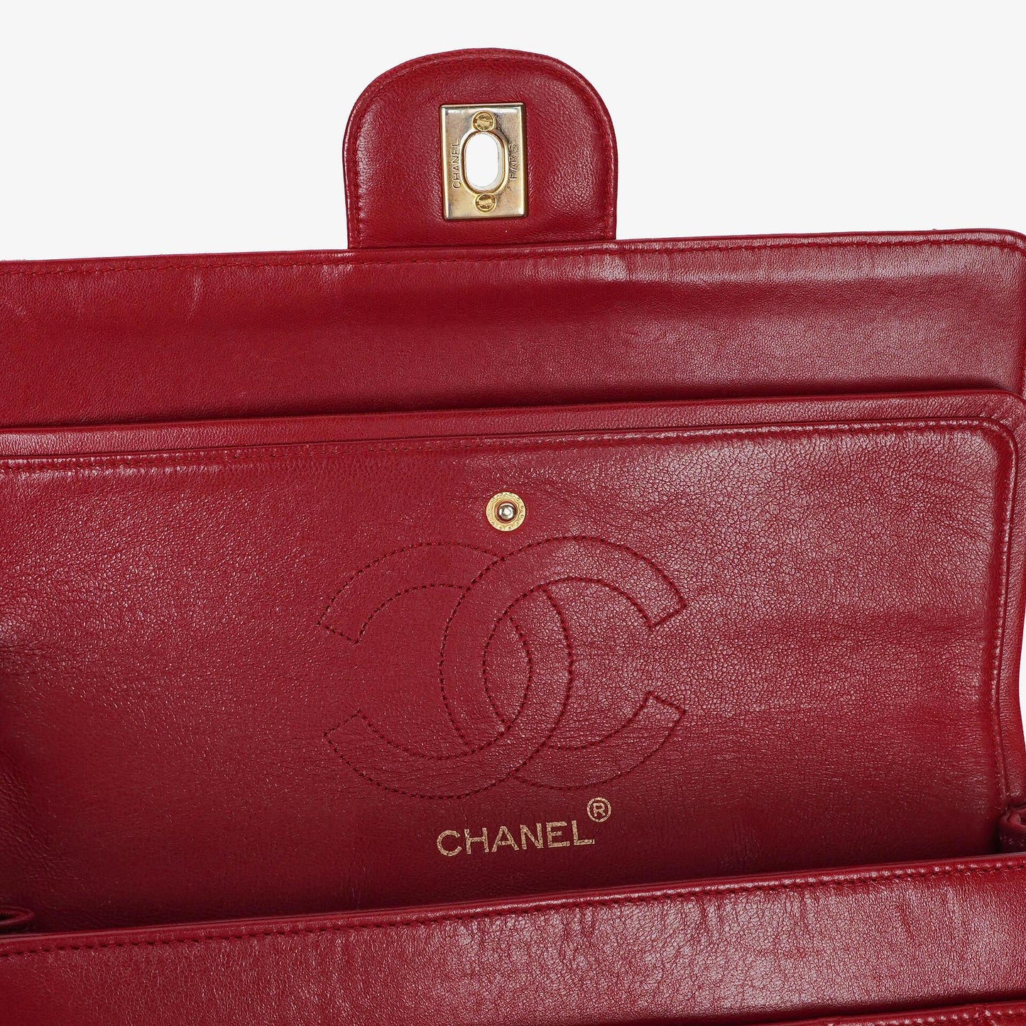 Chanel Vintage Medium Classic Double Flap Tasche aus rotem gestepptem Lammleder mit 24K vergoldeten Beschlägen