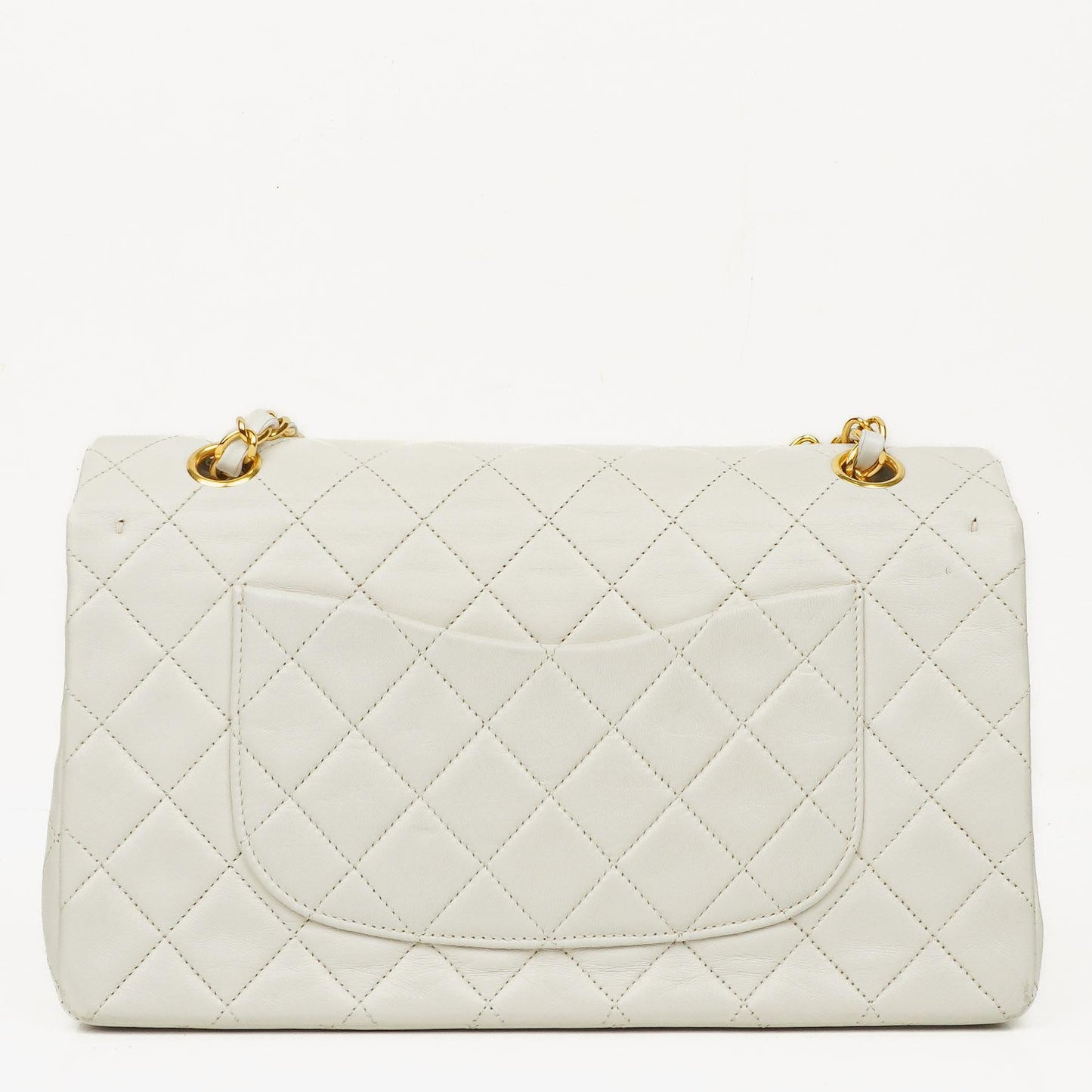Chanel Vintage Classic Double Flap Tasche Medium aus weißem gestepptem Lammleder mit 24K vergoldeter Hardware