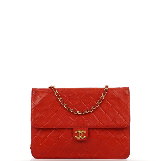 Chanel Vintage Medium Classic Single Flap Bag, Rotes gestepptes Lammleder, 24K Goldplattierte Hardware