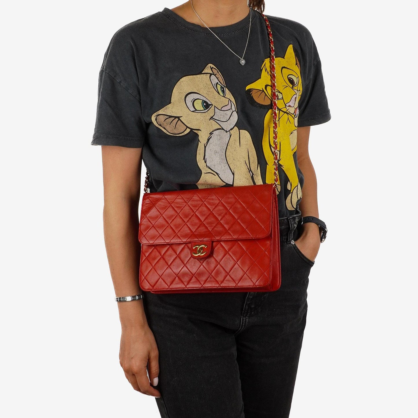 Chanel Vintage Medium Classic Single Flap Bag, Rotes gestepptes Lammleder, 24K Goldplattierte Hardware