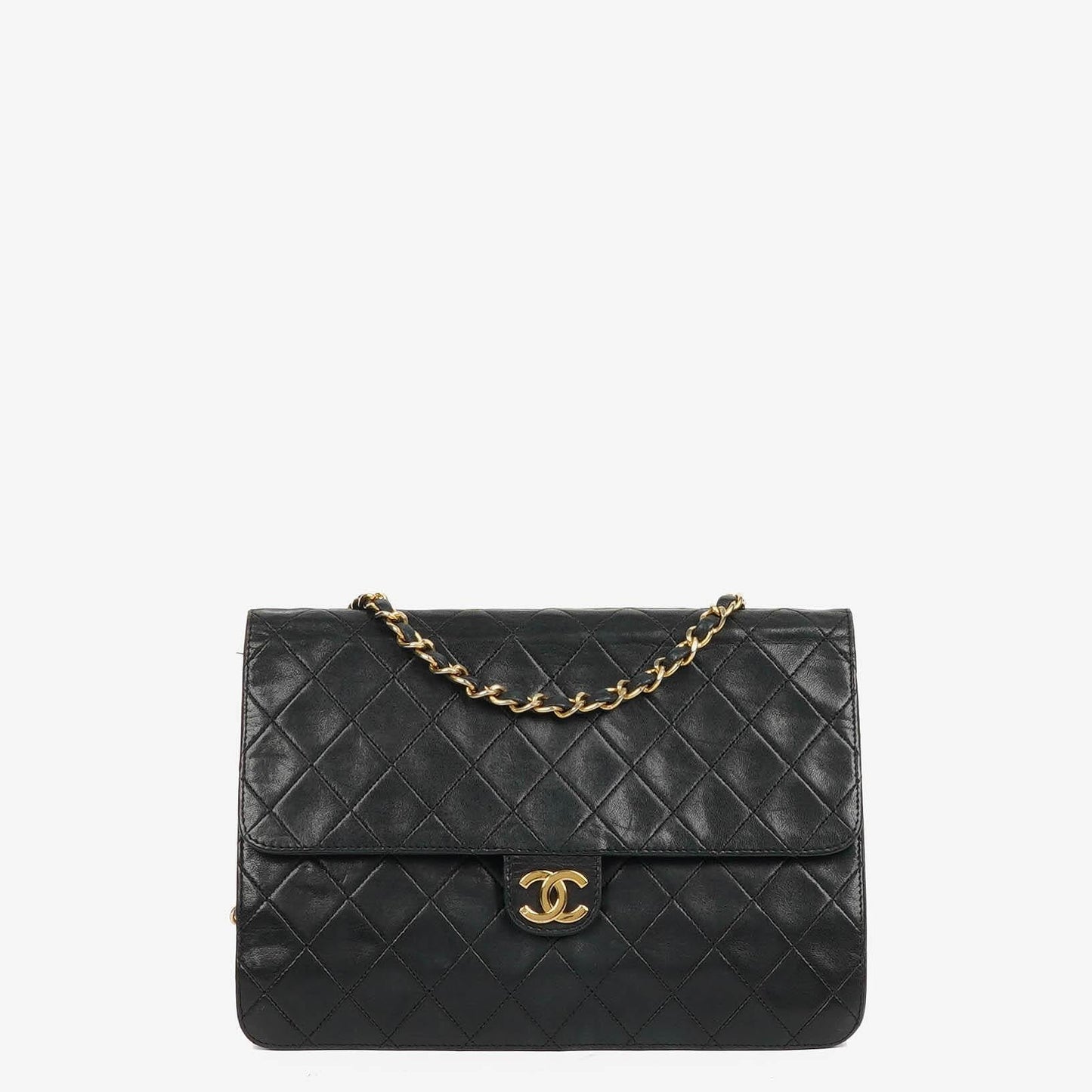 Chanel Vintage Mittlere Klassische Einzelklappen Tasche schwarzes gestepptes Lammleder mit 24K vergoldeten Beschlägen