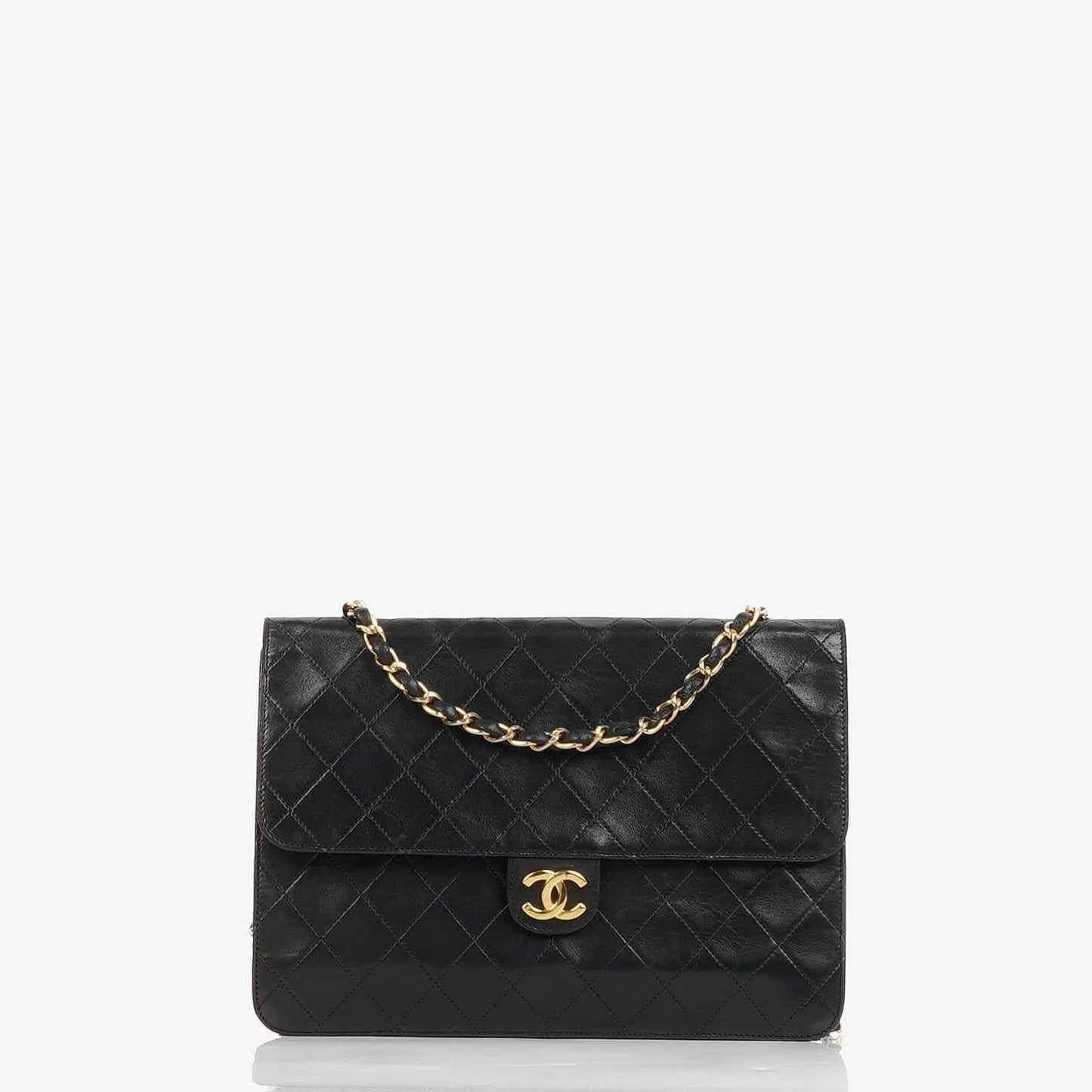 Chanel Vintage Mittlere Klassische Einzelklappen Tasche schwarzes gestepptes Lammleder mit 24K vergoldeten Beschlägen