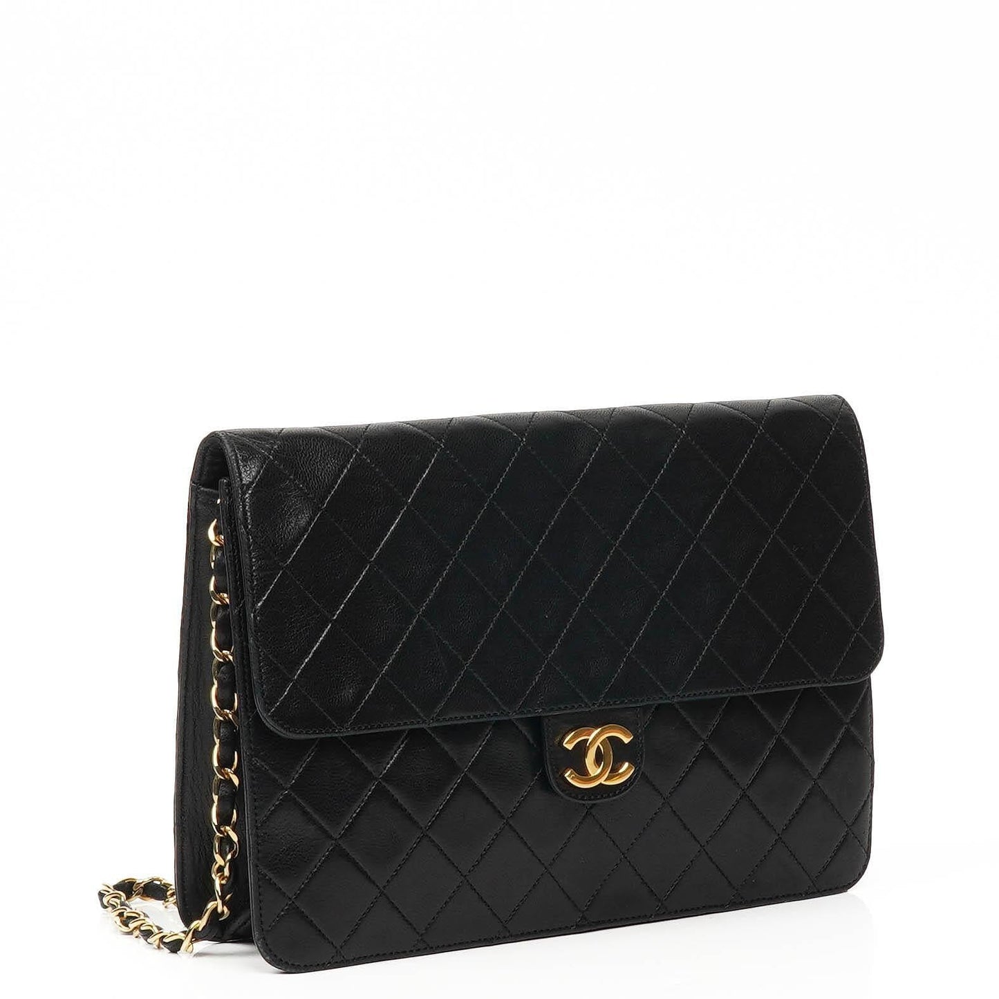Chanel Vintage Mittlere Klassische Einzelklappen Tasche schwarzes gestepptes Lammleder mit 24K vergoldeten Beschlägen