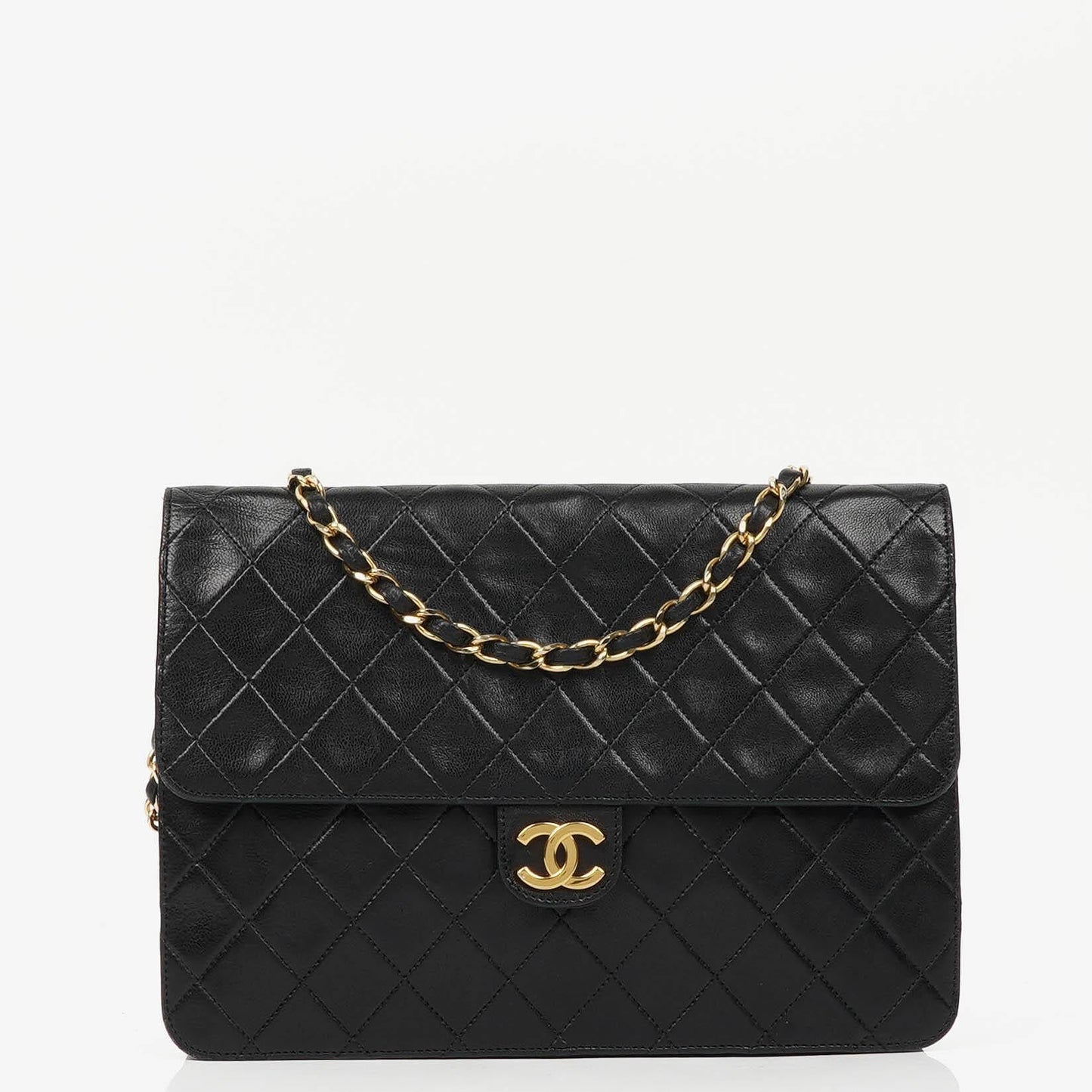 Chanel Vintage Mittlere Klassische Einzelklappen Tasche schwarzes gestepptes Lammleder mit 24K vergoldeten Beschlägen