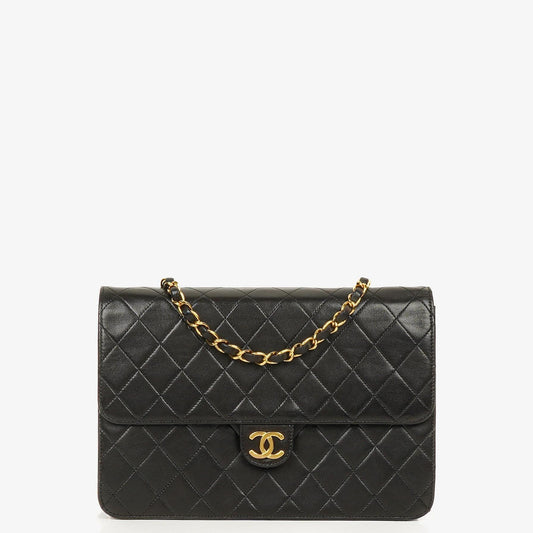 Chanel Vintage Medium Classic Single Flap Tasche aus schwarzem gestepptem Lammleder mit 24K vergoldeten Beschlägen