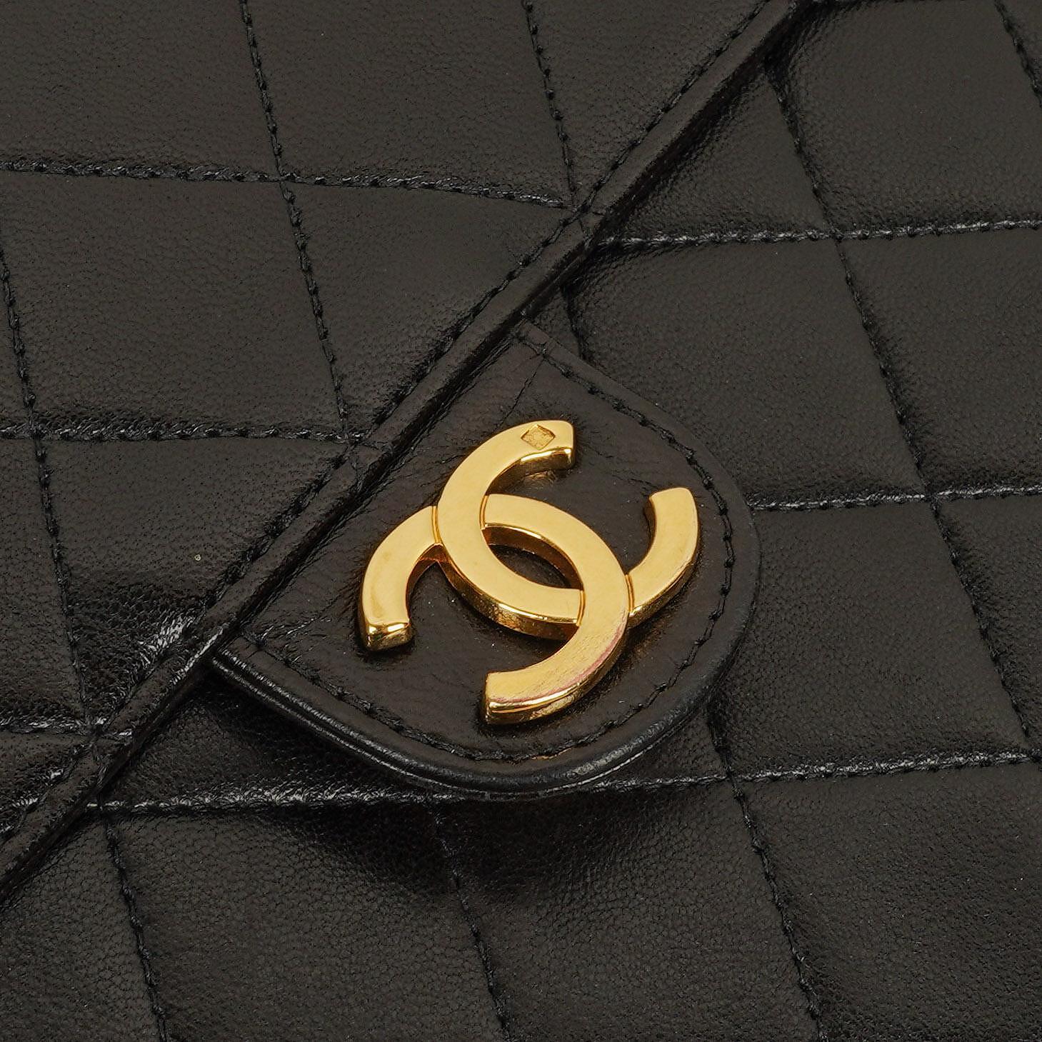 Chanel Vintage Medium Classic Single Flap Tasche aus schwarzem gestepptem Lammleder mit 24K vergoldeten Beschlägen