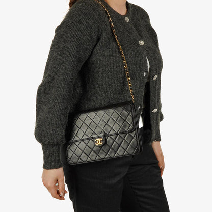 Chanel Vintage Medium Classic Single Flap Tasche aus schwarzem gestepptem Lammleder mit 24K vergoldeten Beschlägen