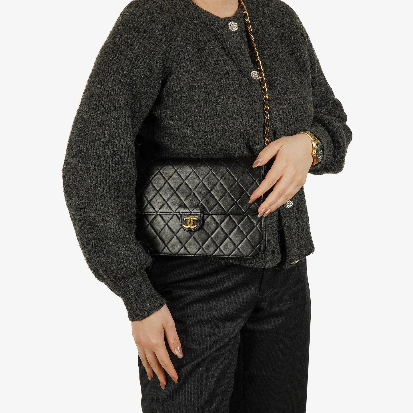 Chanel Vintage Medium Classic Single Flap Tasche aus schwarzem gestepptem Lammleder mit 24K vergoldeten Beschlägen