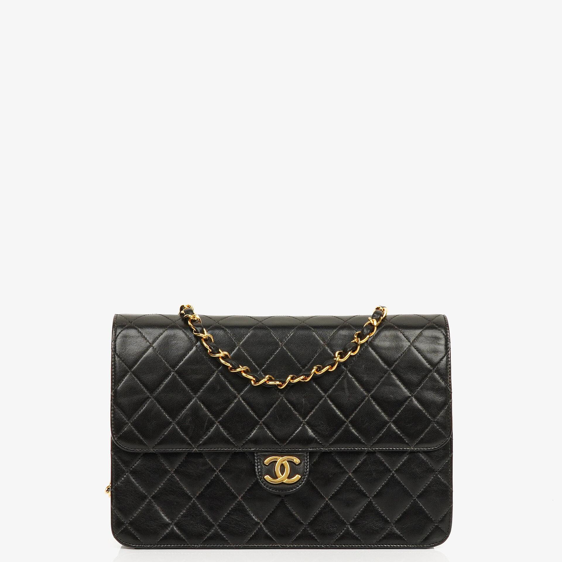 Chanel Vintage Medium Classic Single Flap Tasche aus schwarzem gestepptem Lammleder mit 24K vergoldeten Beschlägen