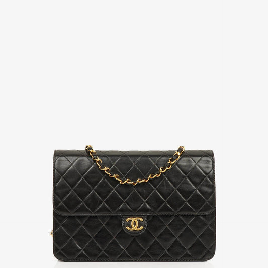 Chanel Vintage Medium Classic Single Flap Tasche aus schwarzem gestepptem Lammleder mit 24K vergoldeten Beschlägen