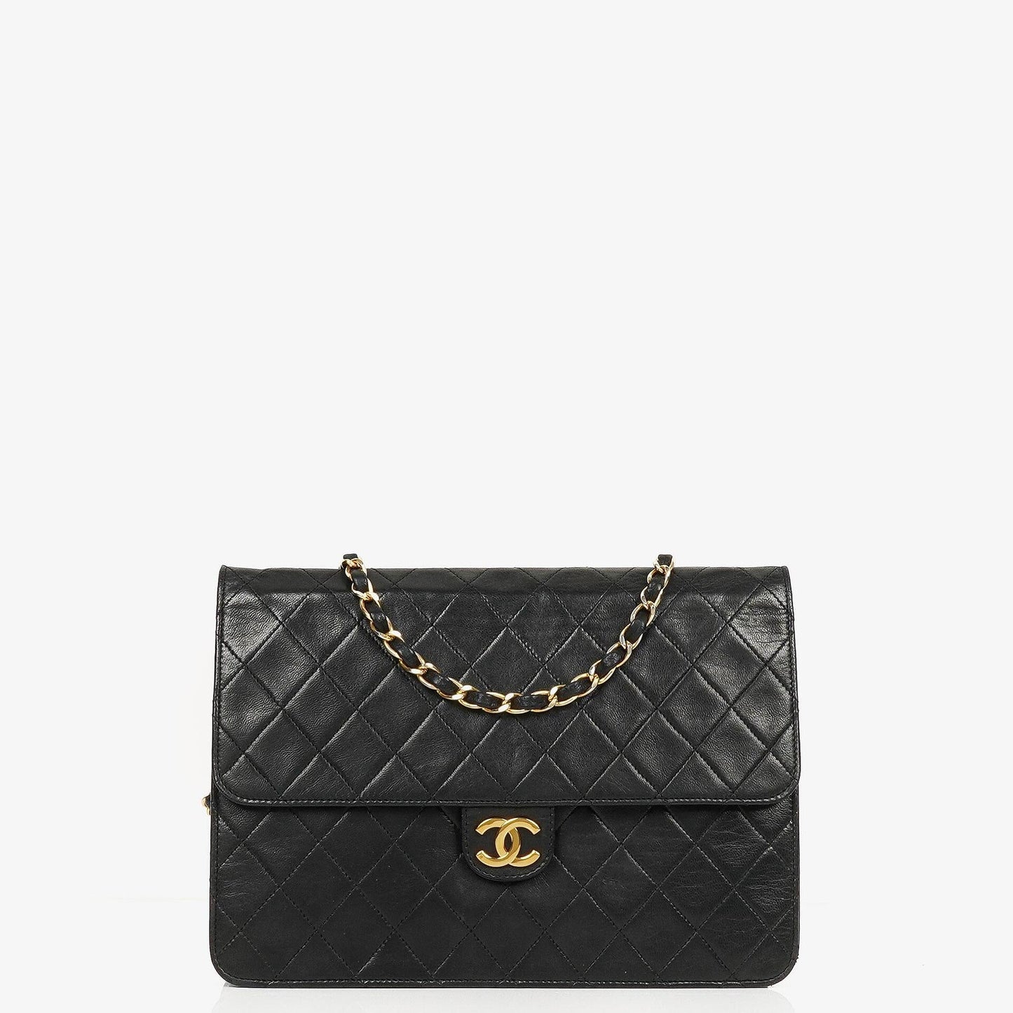 Chanel Vintage Classic Medium Single Flap Tasche aus schwarzem gestepptem Lammleder mit 24K vergoldeter Hardware