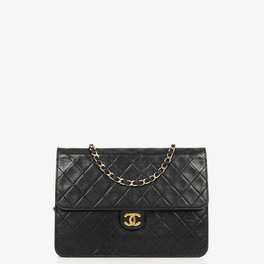 Chanel Vintage Classic Medium Single Flap Tasche aus schwarzem gestepptem Lammleder mit 24K vergoldeter Hardware
