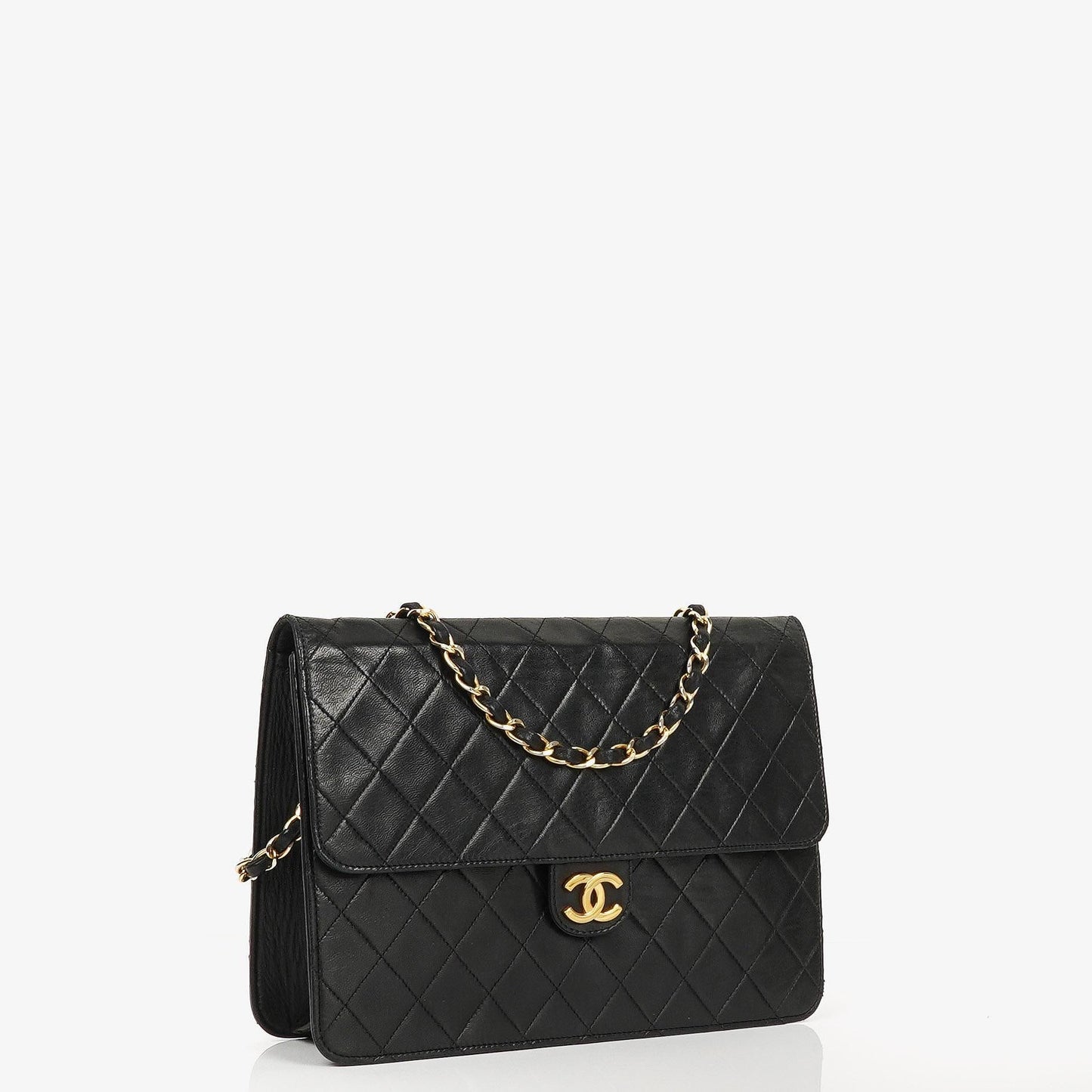 Chanel Vintage Classic Medium Single Flap Tasche aus schwarzem gestepptem Lammleder mit 24K vergoldeter Hardware