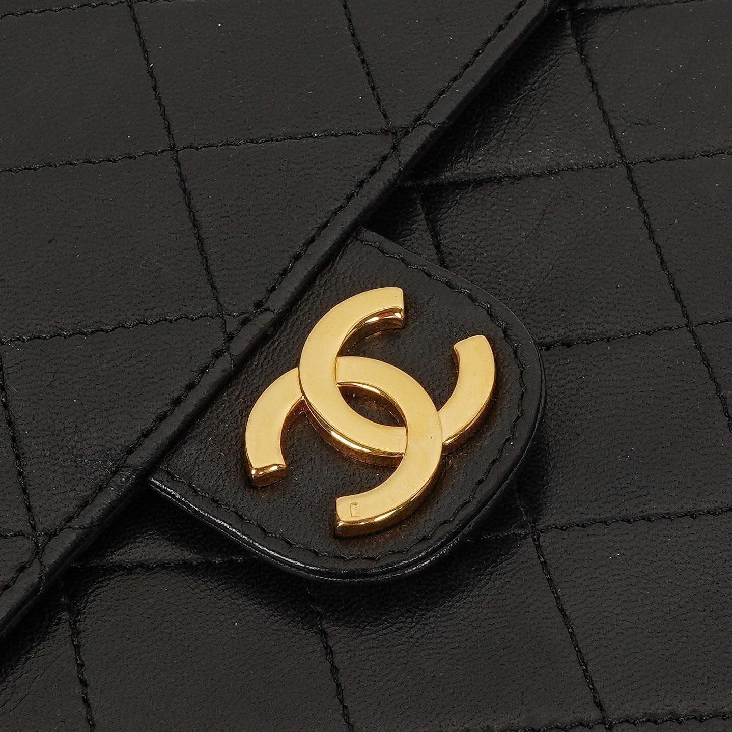 Chanel Vintage Classic Medium Single Flap Tasche aus schwarzem gestepptem Lammleder mit 24K vergoldeter Hardware