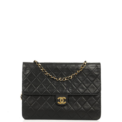 Chanel Vintage Medium Classic Single Flap Bag aus schwarzem gestepptem Lammleder mit goldfarbener Hardware