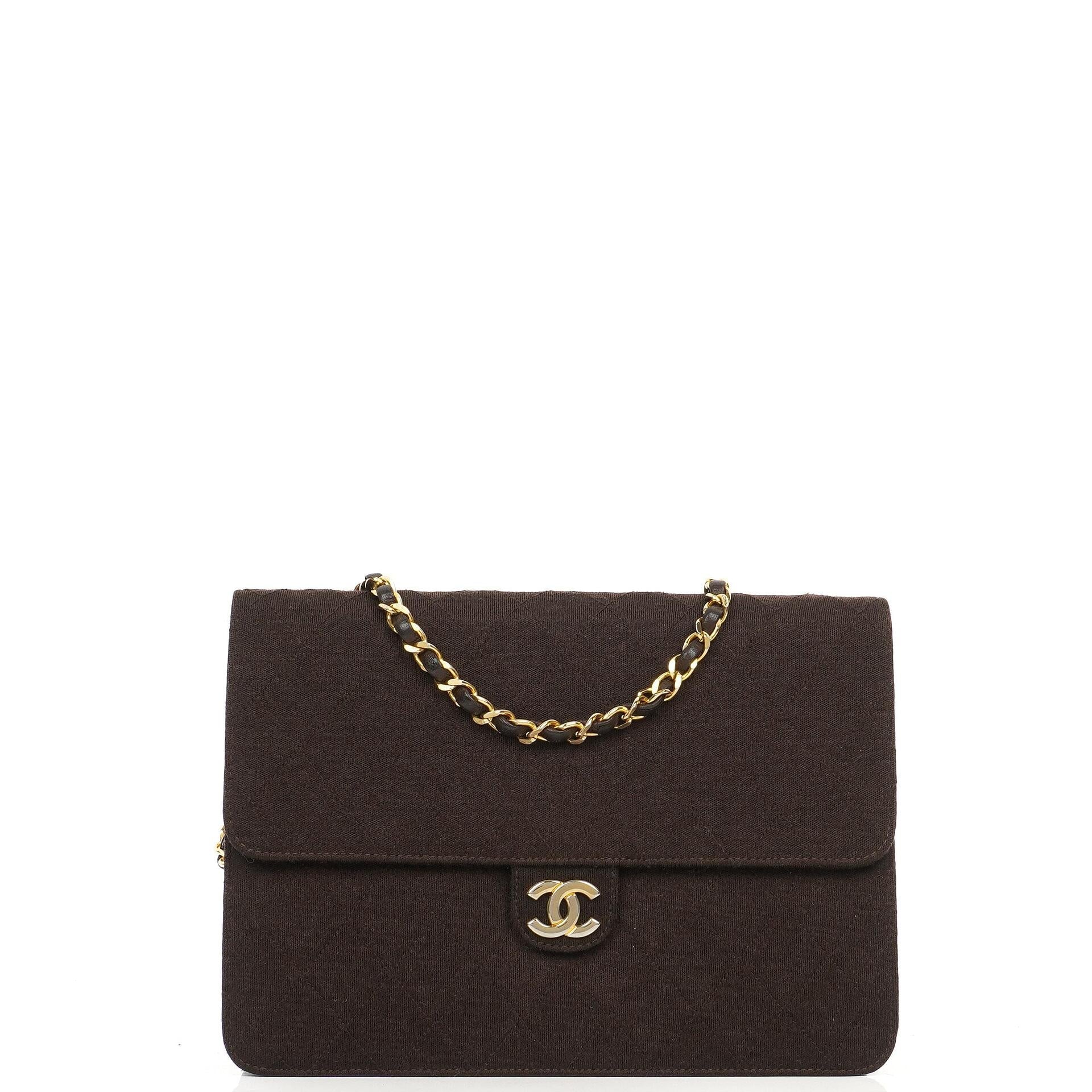 Chanel Vintage Medium Classic Single Flap Bag, Braunes gestepptes Jersey, Goldfarbene Hardware