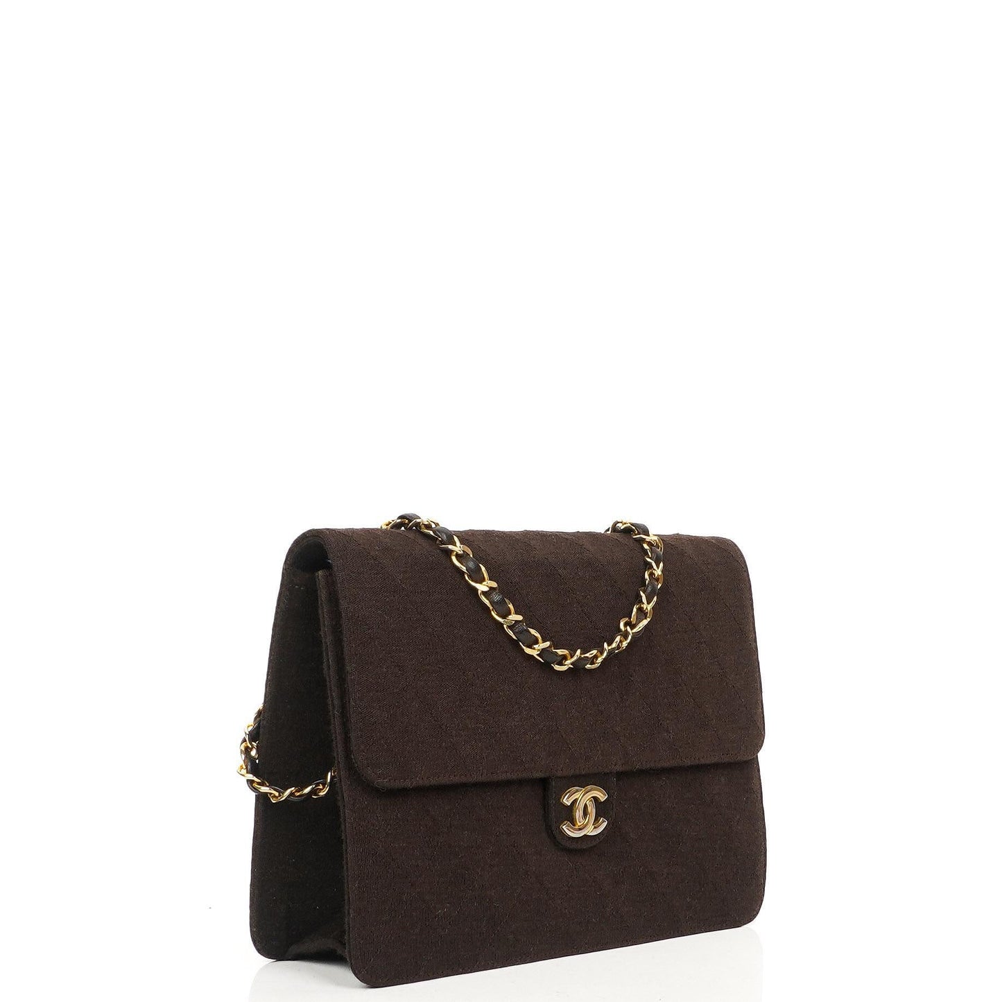 Chanel Vintage Medium Classic Single Flap Bag, Braunes gestepptes Jersey, Goldfarbene Hardware