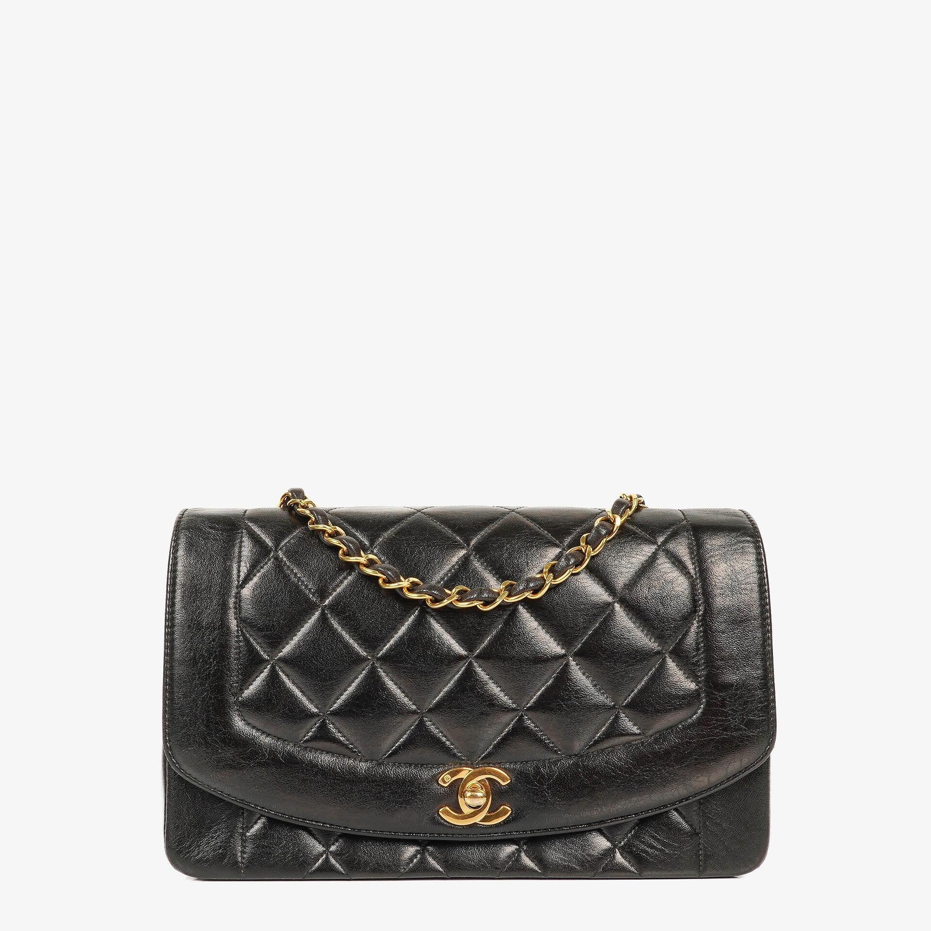 Chanel Vintage Medium Diana schwarze Flap Tasche mit 24K vergoldeten Beschlägen
