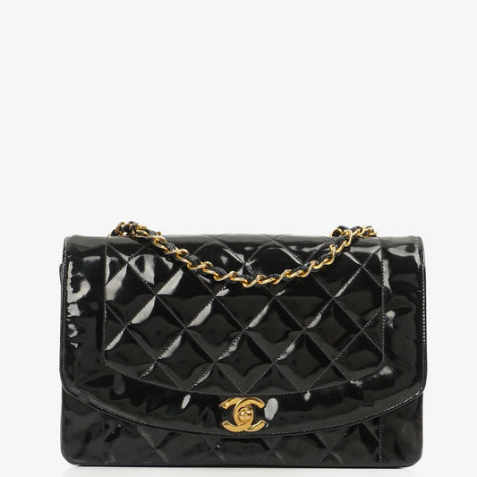 Chanel Vintage Mittlere Diana Klappen Tasche aus schwarzem gestepptem Lackleder mit 24K vergoldeten Beschlägen