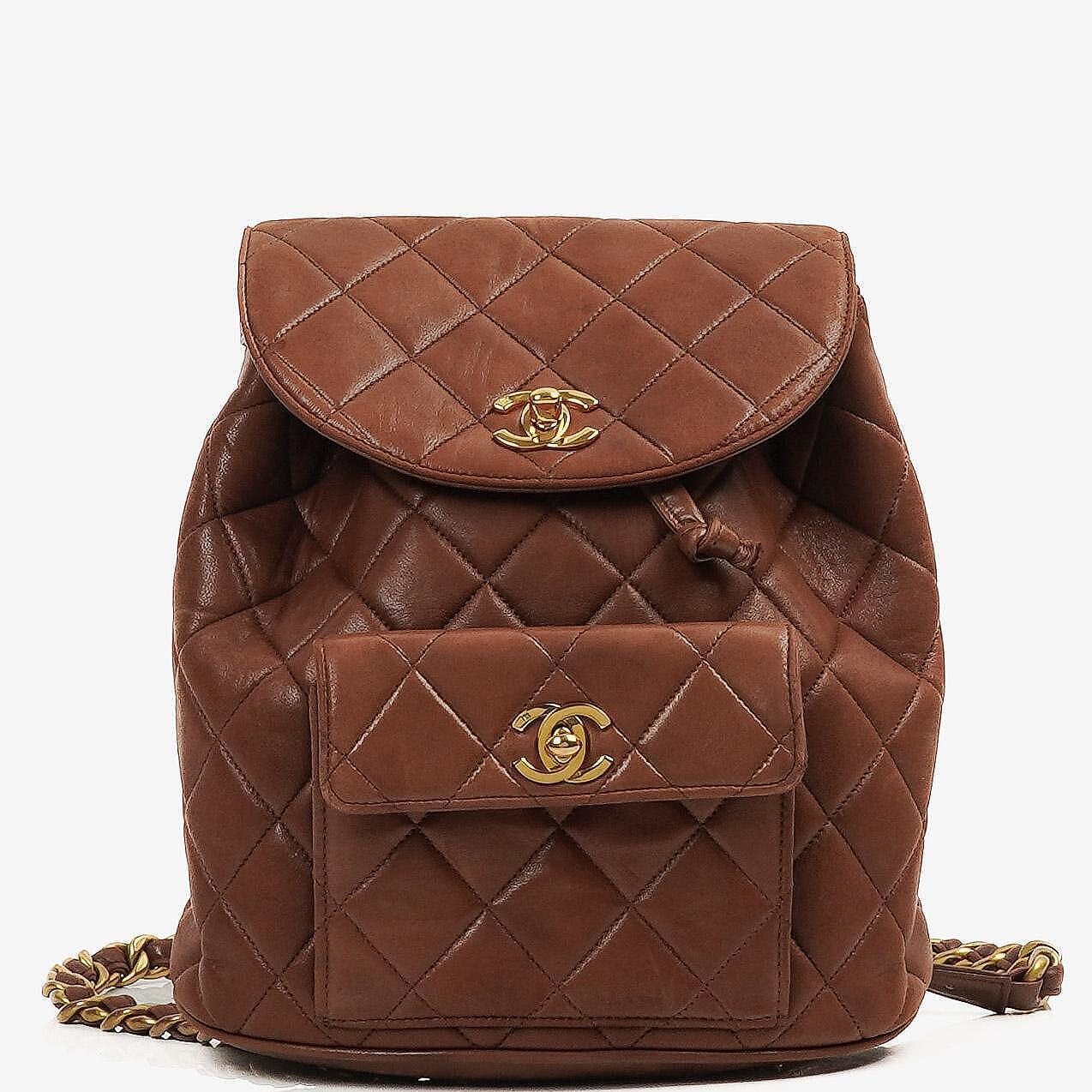 Chanel Vintage Medium Duma CC Timeless Classic Rucksack aus braunem gestepptem Lammleder mit 24 Karat vergoldeter Hardware