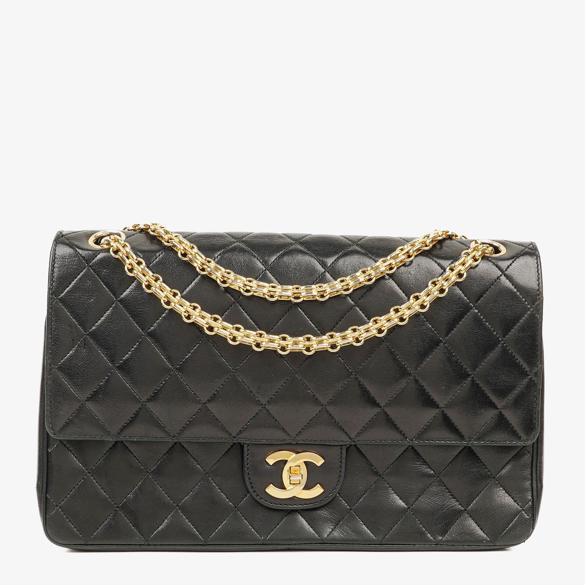 Chanel Vintage Mittelgroße Timeless Classic Double Flap Tasche aus schwarzem gestepptem Lammleder mit 24K vergoldeter Hardware und Mademoiselle-Kette