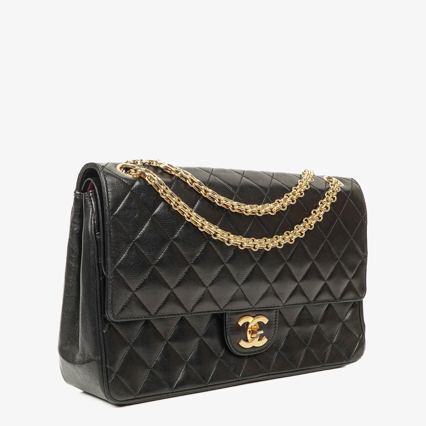 Chanel Vintage Mittelgroße Timeless Classic Double Flap Tasche aus schwarzem gestepptem Lammleder mit 24K vergoldeter Hardware und Mademoiselle-Kette