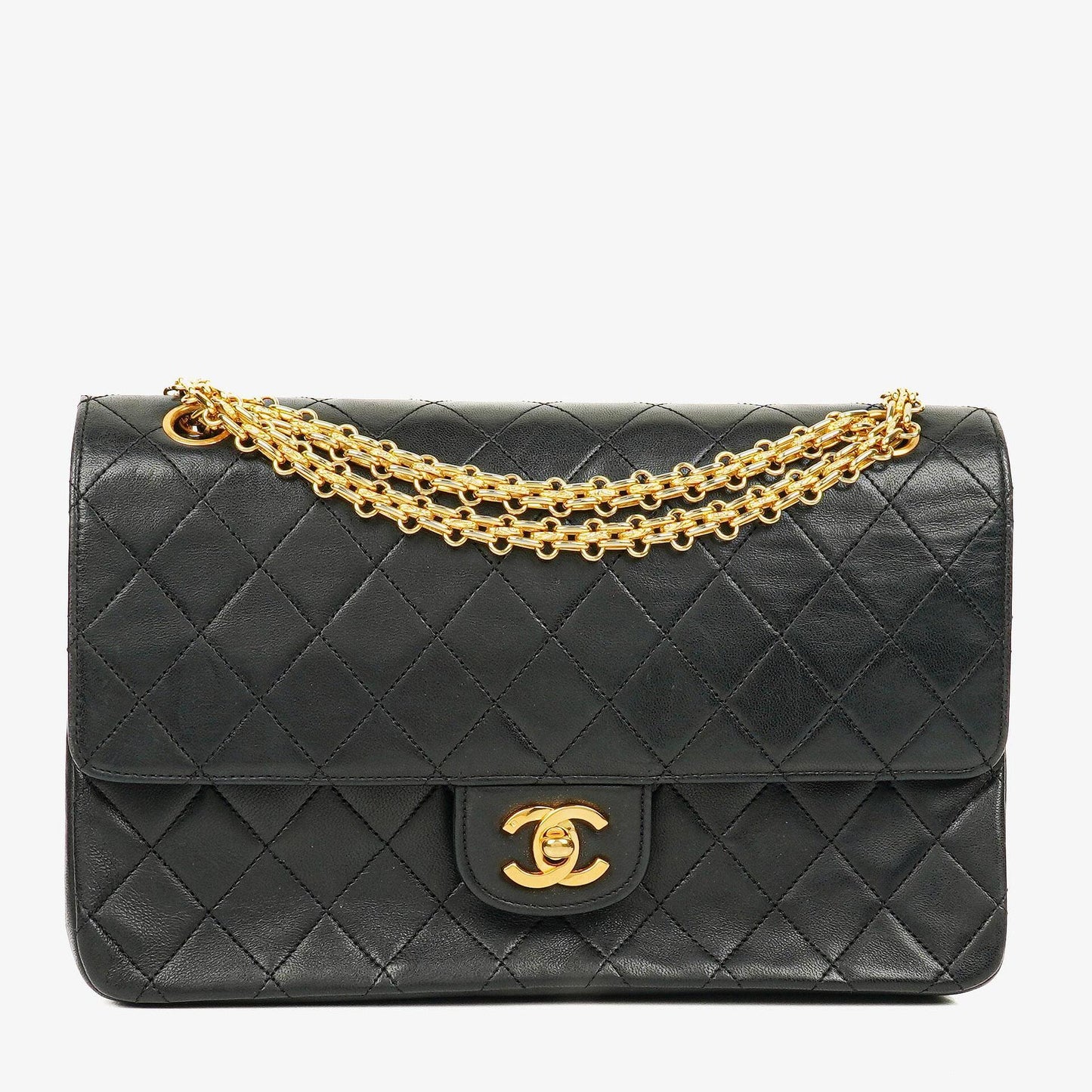 CHANEL Vintage Mittelgroße Timeless Classic Double Flap Tasche aus schwarzem gestepptem Lammleder mit 24K vergoldeter Hardware und Mademoiselle-Kette