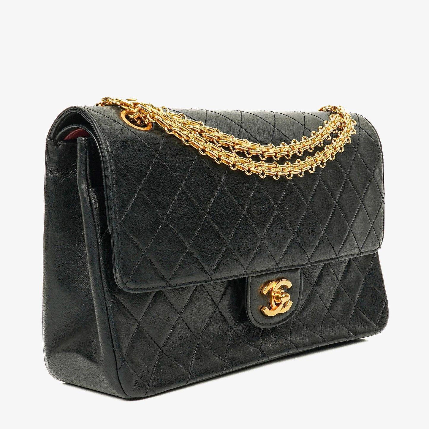 CHANEL Vintage Mittelgroße Timeless Classic Double Flap Tasche aus schwarzem gestepptem Lammleder mit 24K vergoldeter Hardware und Mademoiselle-Kette