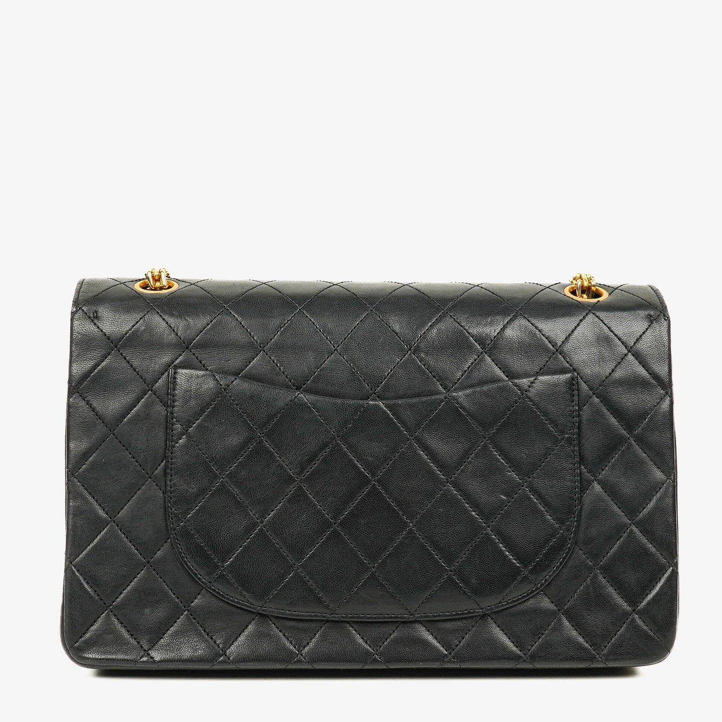 CHANEL Vintage Mittelgroße Timeless Classic Double Flap Tasche aus schwarzem gestepptem Lammleder mit 24K vergoldeter Hardware und Mademoiselle-Kette