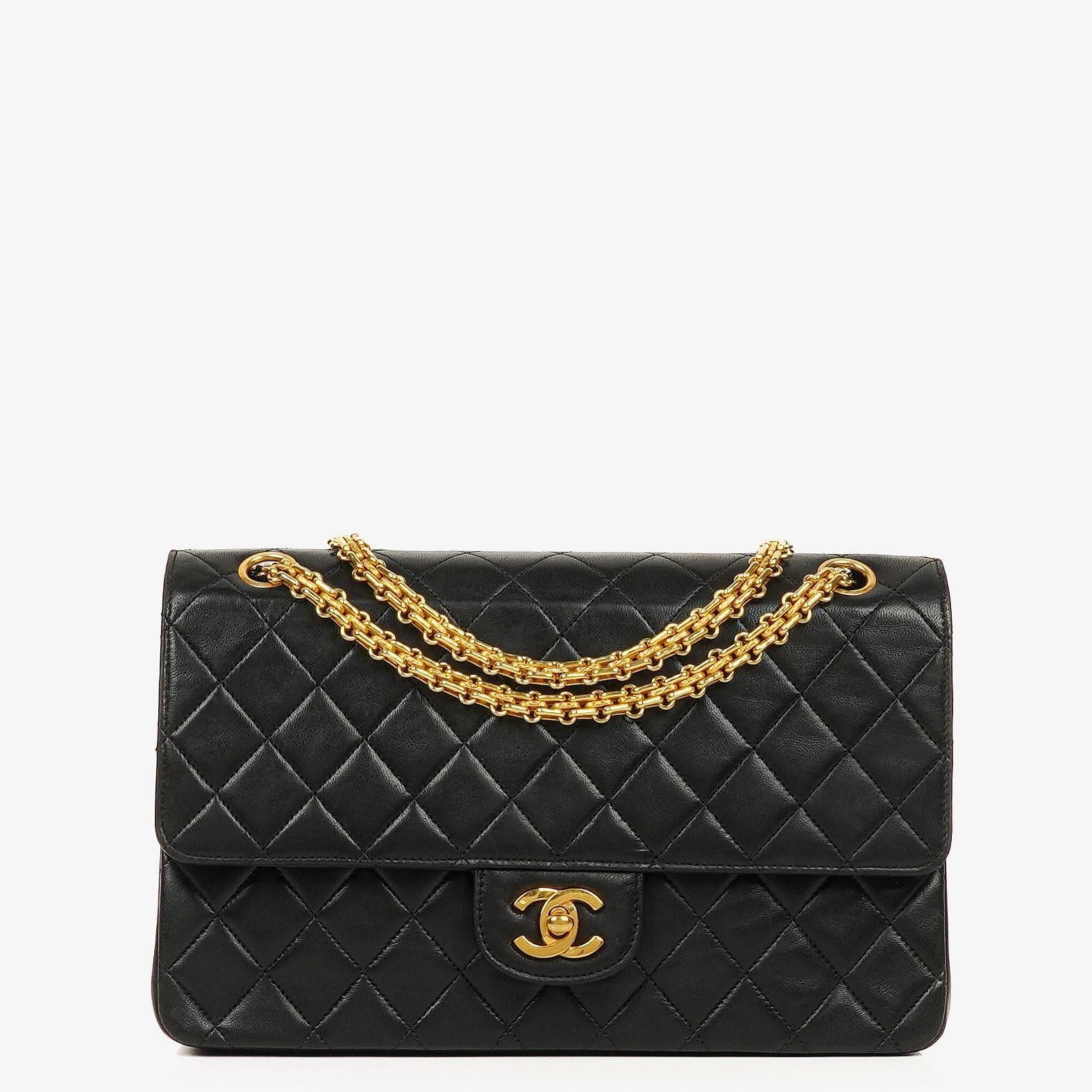 Chanel Vintage mittelgroße Timeless Classic Double Flap Tasche aus schwarzem gestepptem Lammleder mit 24K vergoldeten Beschlägen und Mademoiselle Kette