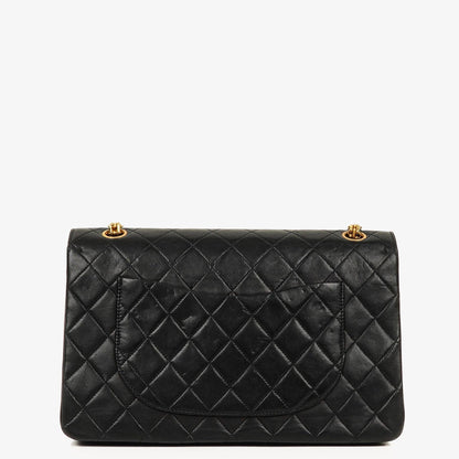 Chanel Vintage mittelgroße Timeless Classic Double Flap Tasche aus schwarzem gestepptem Lammleder mit 24K vergoldeten Beschlägen und Mademoiselle Kette