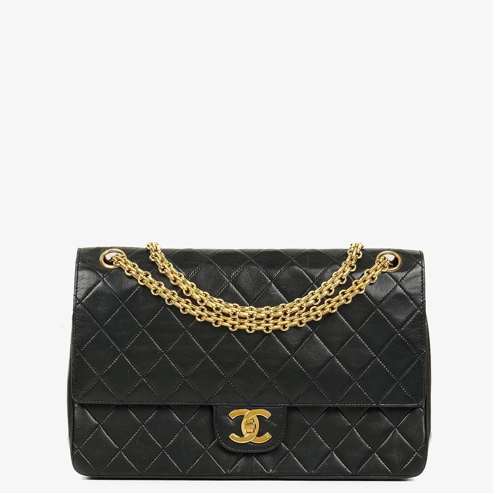 Chanel Vintage Medium Timeless Classic Double Flap Bag aus schwarzem gestepptem Lammleder mit 24K-vergoldeter Hardware und Mademoiselle-Kette