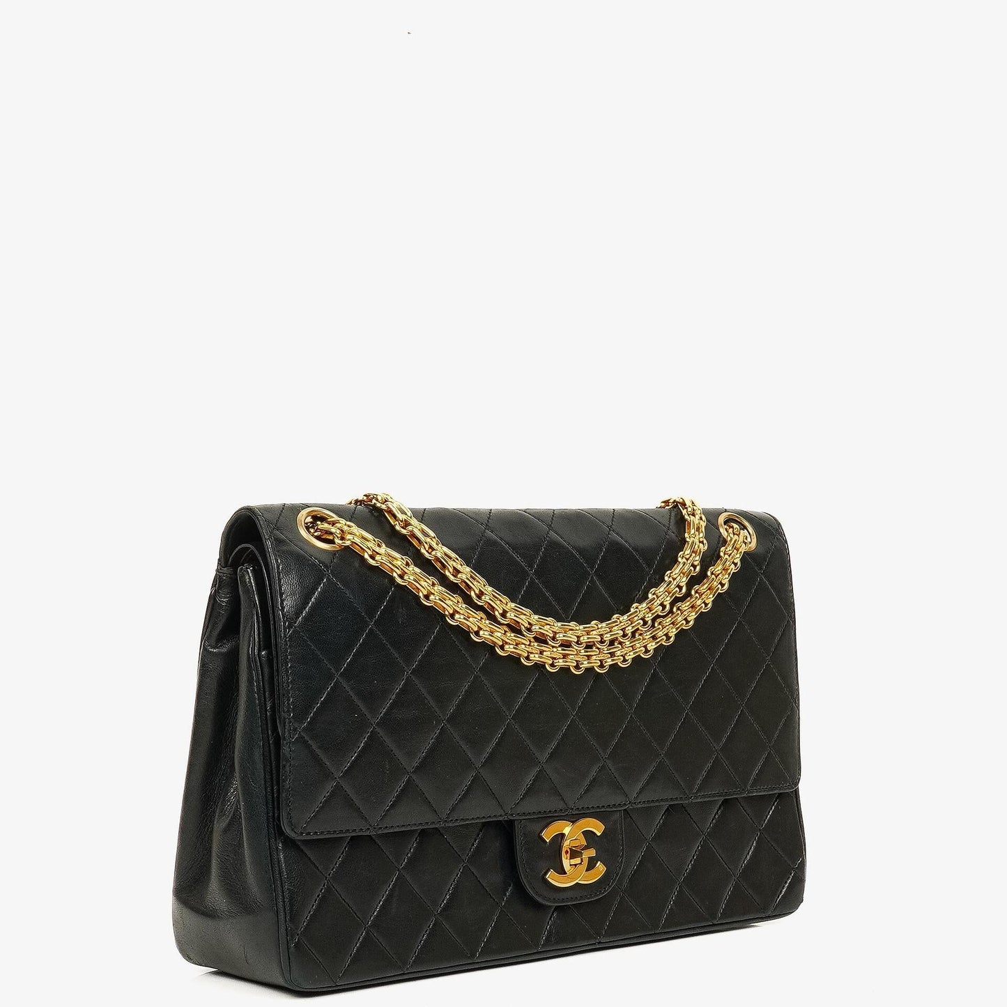 Chanel Vintage Medium Timeless Classic Double Flap Bag aus schwarzem gestepptem Lammleder mit 24K-vergoldeter Hardware und Mademoiselle-Kette