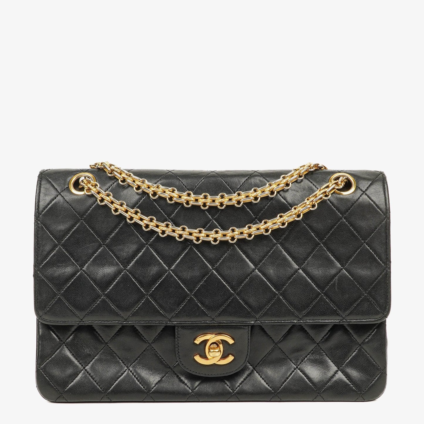 Chanel Vintage Medium Timeless Classic Double Flap Tasche aus schwarzem gestepptem Lammleder mit 24K vergoldeter Hardware und Mademoiselle-Kette