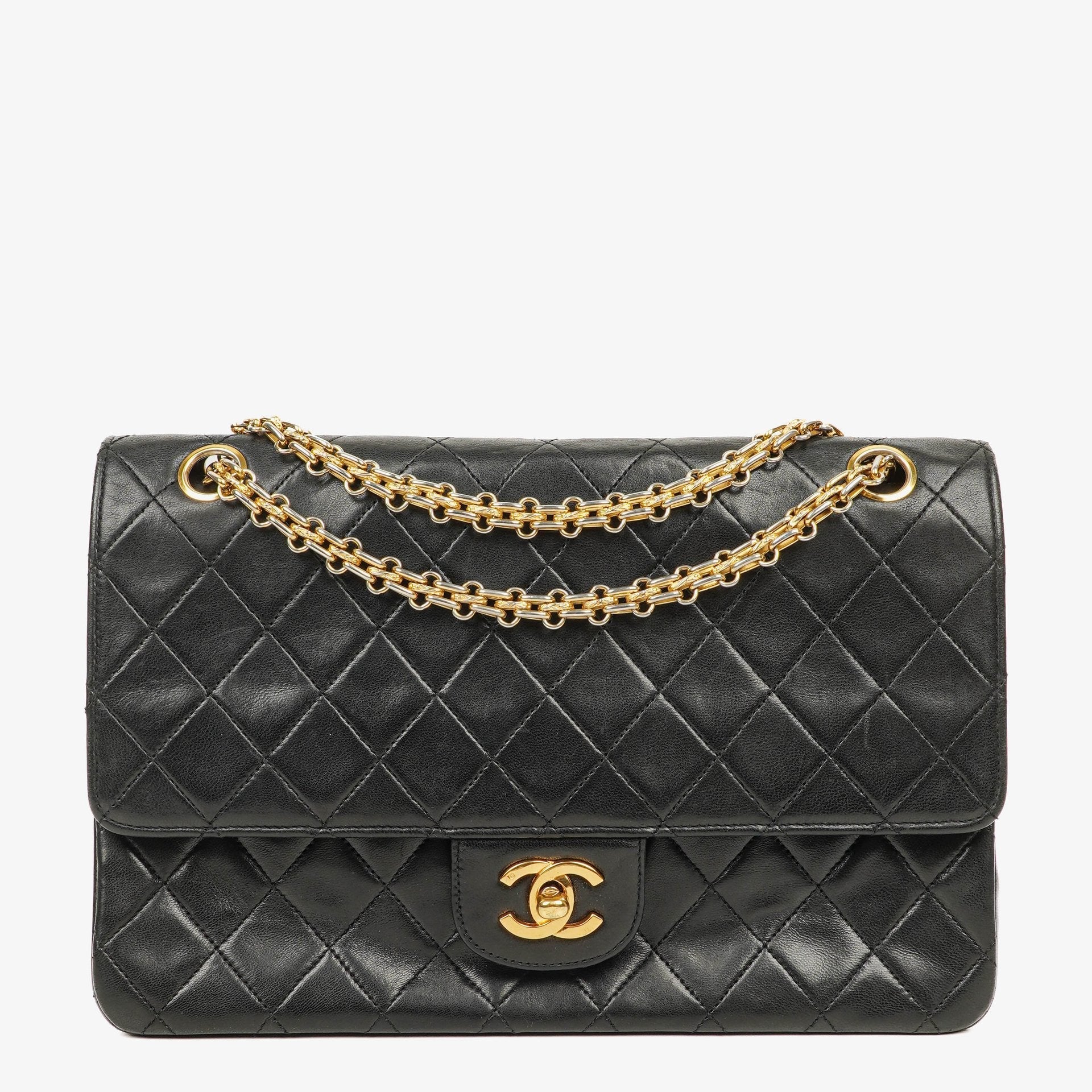 Chanel Vintage Medium Timeless Classic Double Flap Tasche aus schwarzem gestepptem Lammleder mit 24K vergoldeter Hardware und Mademoiselle-Kette