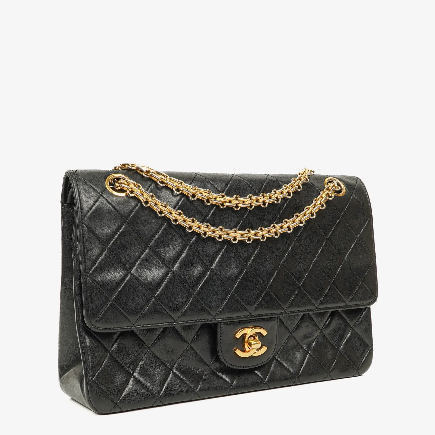 Chanel Vintage Medium Timeless Classic Double Flap Tasche aus schwarzem gestepptem Lammleder mit 24K vergoldeter Hardware und Mademoiselle-Kette