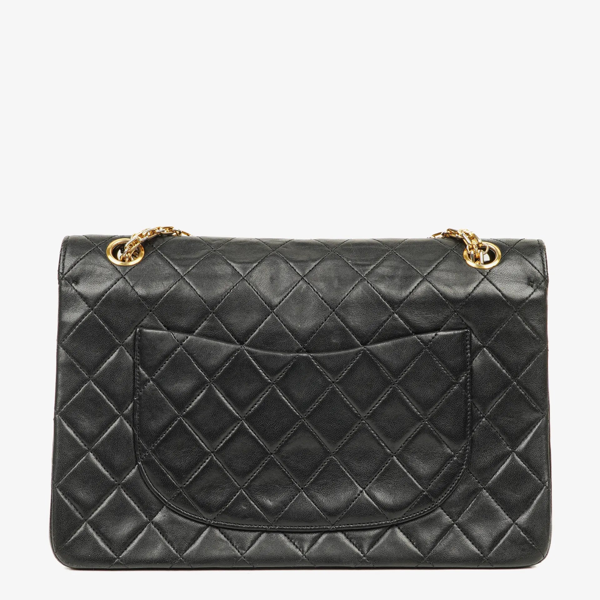 Chanel Vintage Medium Timeless Classic Double Flap Tasche aus schwarzem gestepptem Lammleder mit 24K vergoldeter Hardware und Mademoiselle-Kette