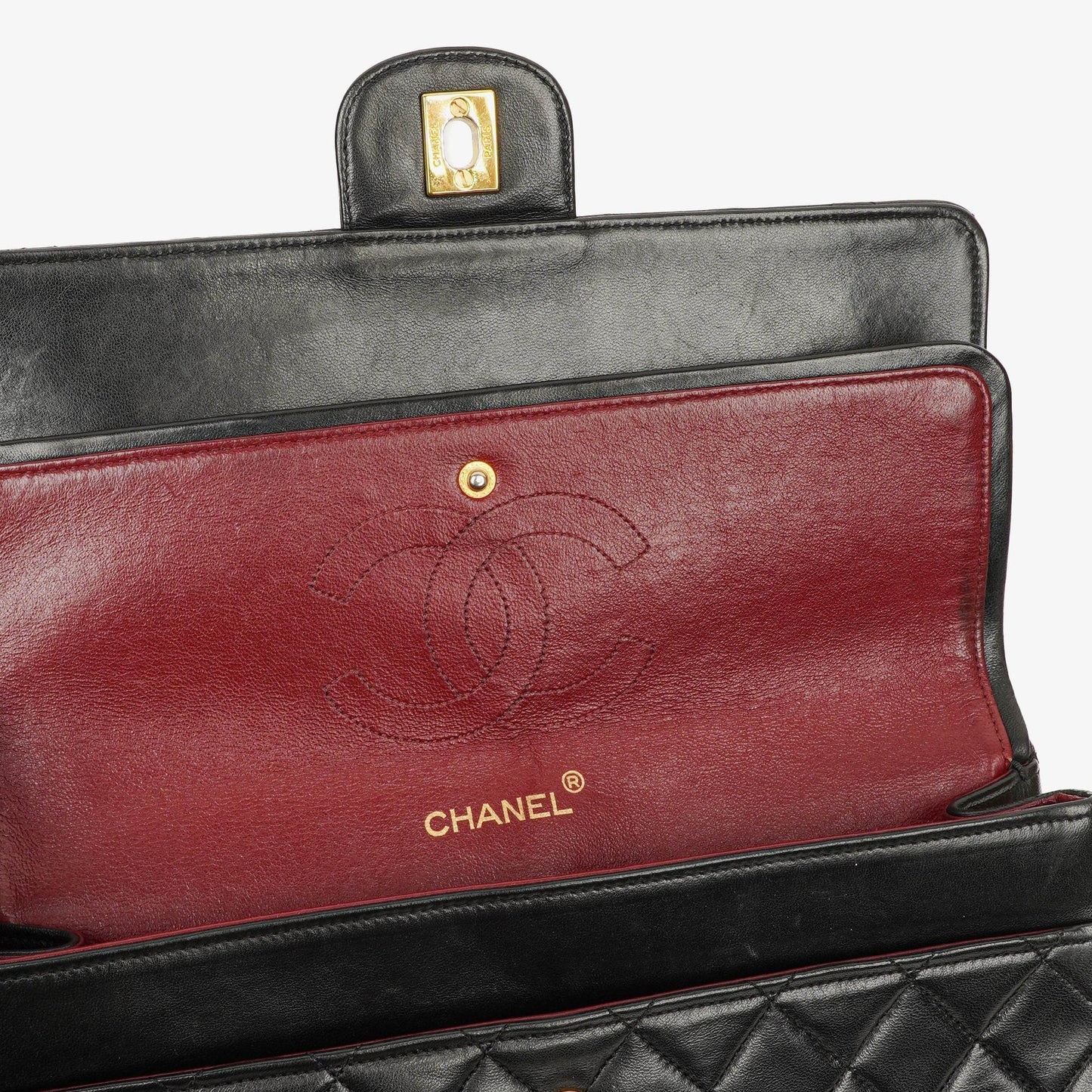 Chanel Vintage Medium Timeless Classic Double Flap Tasche aus schwarzem gestepptem Lammleder mit 24K vergoldeter Hardware und Mademoiselle-Kette