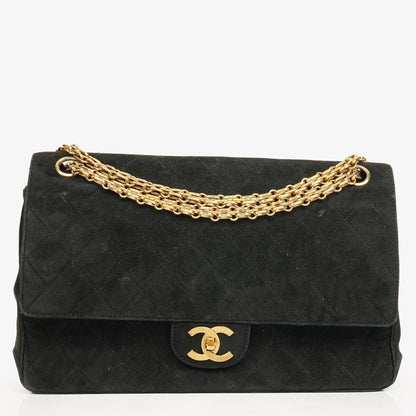 Chanel Vintage Medium Timeless Classic Double Flap Tasche aus schwarzem gestepptem Wildleder mit goldfarbenen Beschlägen und Mademoiselle-Kette