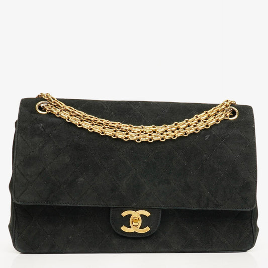 Chanel Vintage Medium Timeless Classic Double Flap Tasche aus schwarzem gestepptem Wildleder mit goldfarbenen Beschlägen und Mademoiselle-Kette