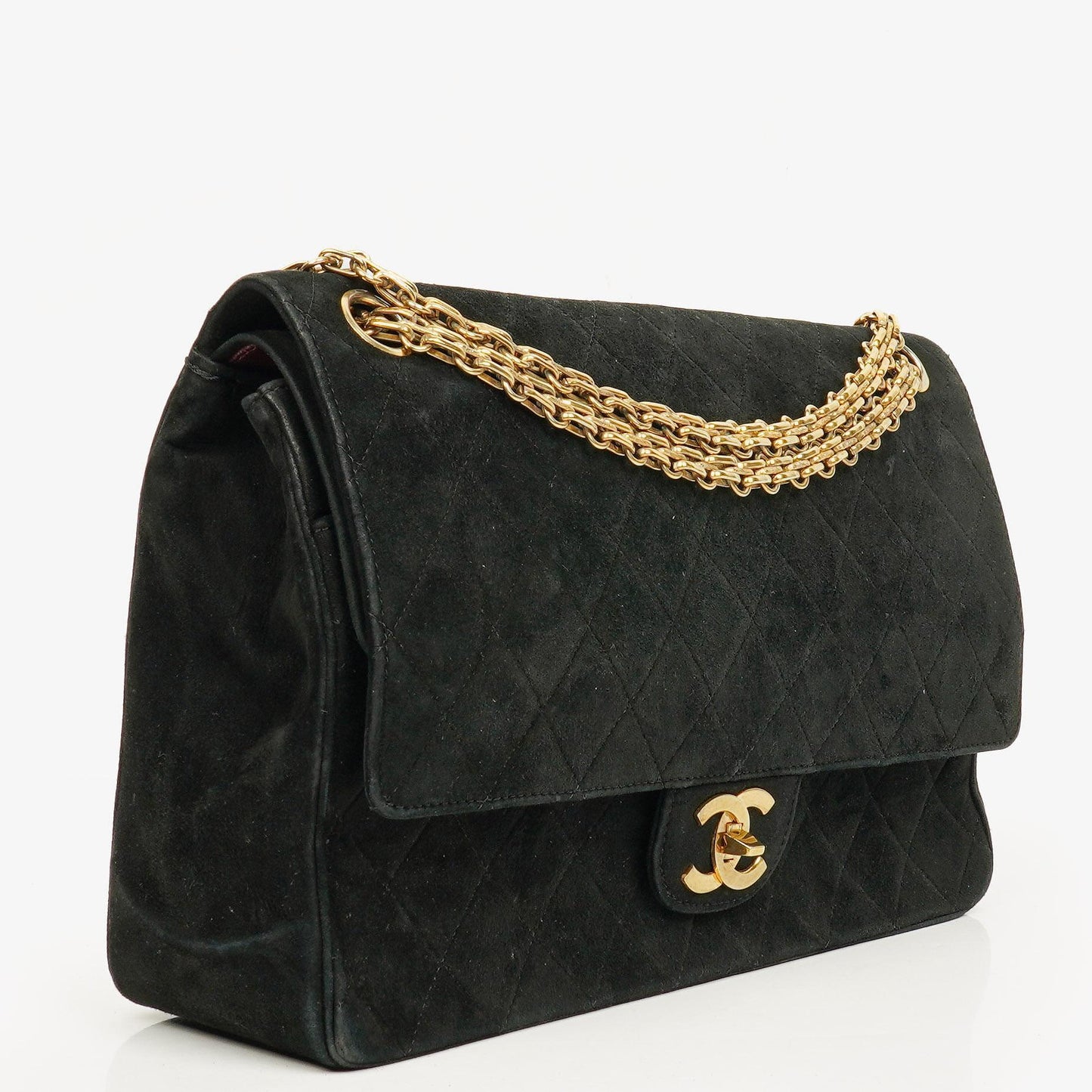 Chanel Vintage Medium Timeless Classic Double Flap Tasche aus schwarzem gestepptem Wildleder mit goldfarbenen Beschlägen und Mademoiselle-Kette