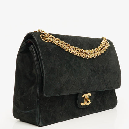 Chanel Vintage Medium Timeless Classic Double Flap Tasche aus schwarzem gestepptem Wildleder mit goldfarbenen Beschlägen und Mademoiselle-Kette