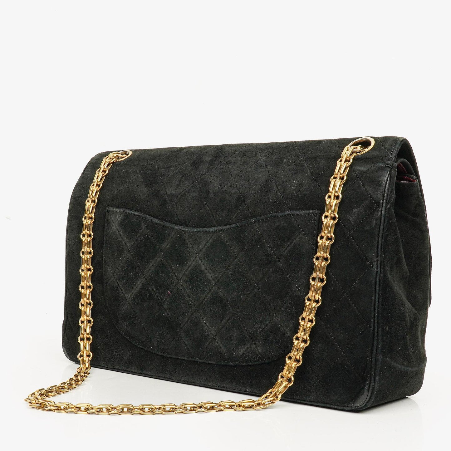 Chanel Vintage Medium Timeless Classic Double Flap Tasche aus schwarzem gestepptem Wildleder mit goldfarbenen Beschlägen und Mademoiselle-Kette