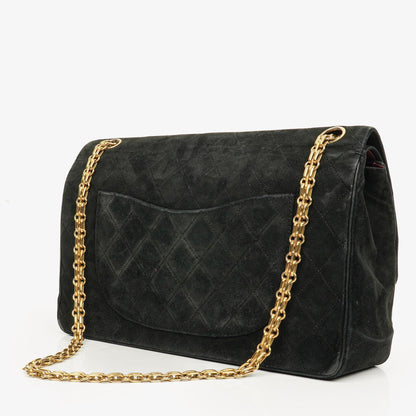 Chanel Vintage Medium Timeless Classic Double Flap Tasche aus schwarzem gestepptem Wildleder mit goldfarbenen Beschlägen und Mademoiselle-Kette