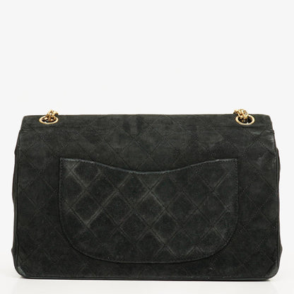 Chanel Vintage Medium Timeless Classic Double Flap Tasche aus schwarzem gestepptem Wildleder mit goldfarbenen Beschlägen und Mademoiselle-Kette