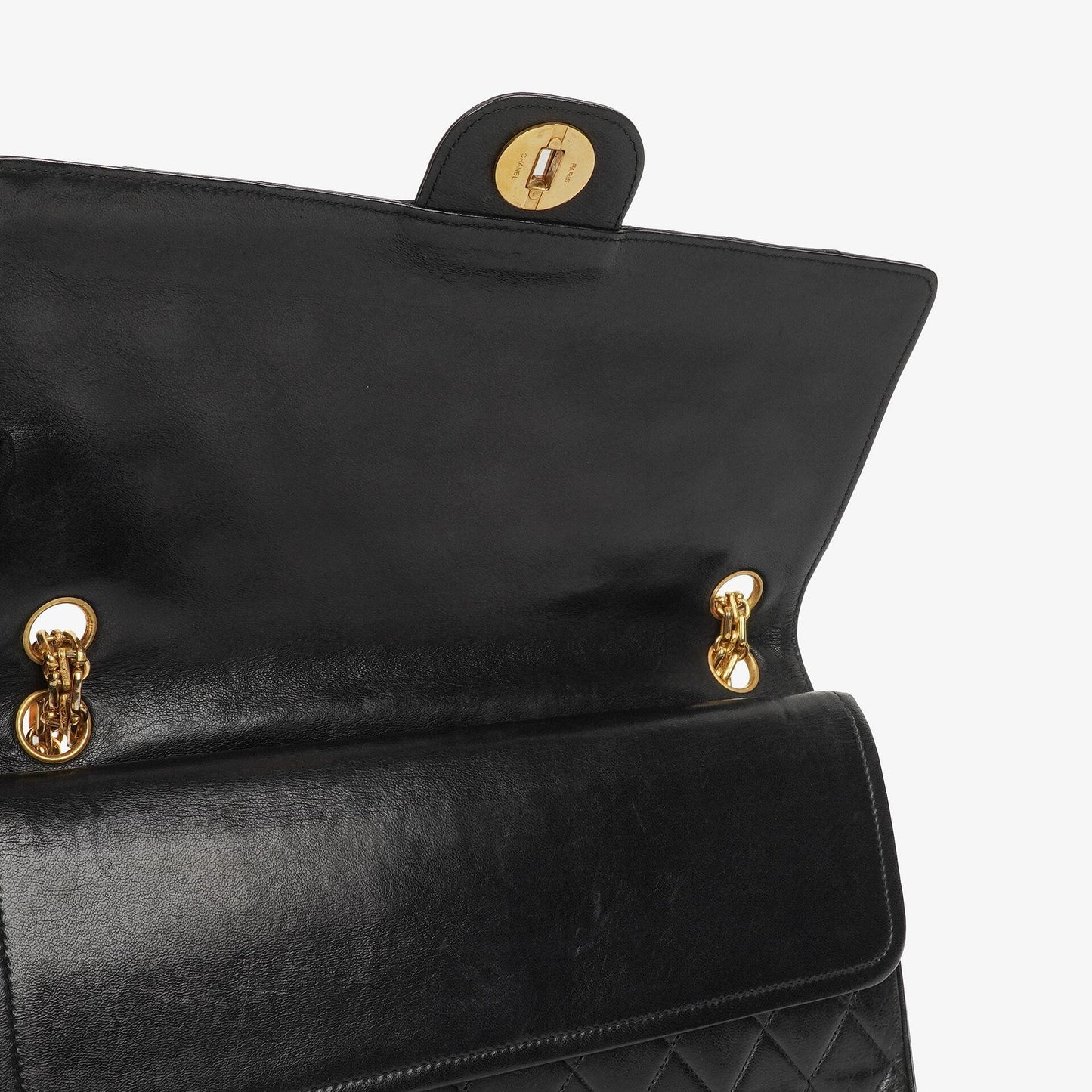 Chanel Vintage Medium Timeless Classic Double Flap Tasche aus schwarzem gestepptem Lammleder mit 24K vergoldeter Hardware und Mademoiselle Kette