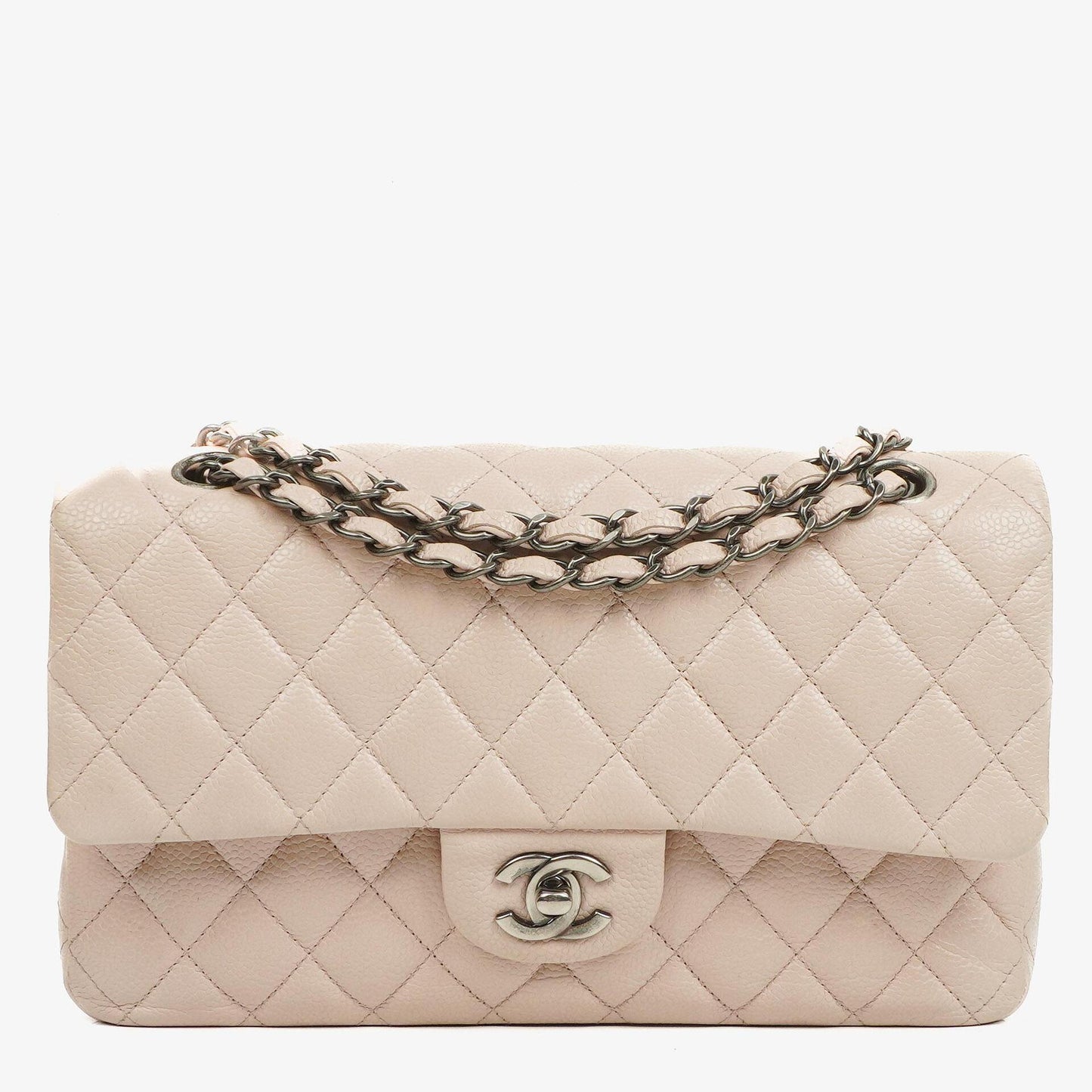 Chanel Mittelgroße Timeless Classic Double Flap Tasche aus elfenbeinfarbenem Caviar gestepptem Lammleder mit silberfarbener Hardware